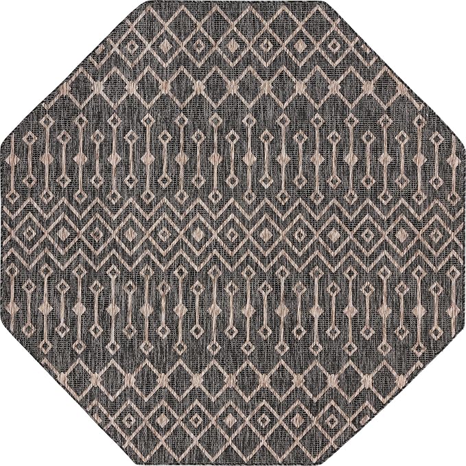 Unique Loom Outdoor Trellis Collection Area Rug - Tribal Trellis (7' 10" Octagon, Charcoal Gray/ Natural)