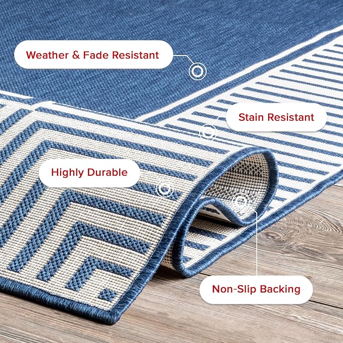 Nuloom Asha Navy/Ivory, 9'6" x 12', Casual, Striped Border, Soft and Cozy, High Traffic, Easy Clean, Durable Area Rug for Indoor/Outdoor Patio, Deck, Porch, Garden, Courtyard