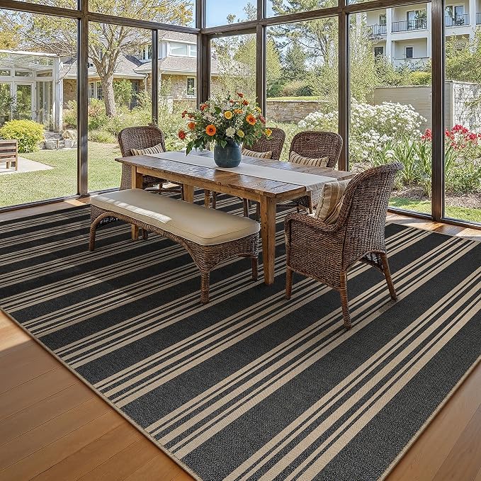 PureCozy Striped Easy Jute Rug 9x12 Black Living Room Carpet Washable Non Slip Bedroom Rug Farmhouse Neutral Non Shedding Indoor Outdoor Large Carpet for Dining Room Under Table Office