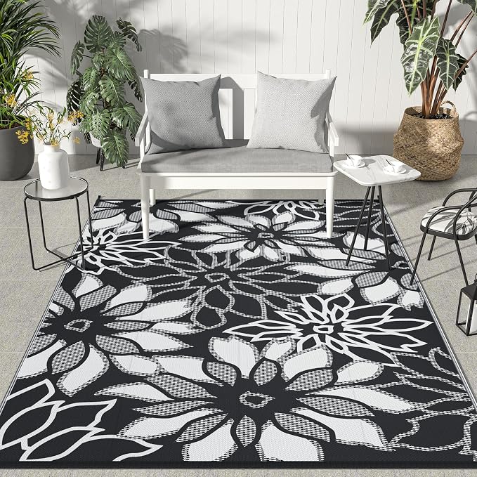 GENIMO Outdoor Rug, Waterproof Plastic Rugs for Patio, 8'x10' Black White | Outside Larger Leaf Carpet Mat for Porch Decor, Deck, Balcony, Camping, RV, Backyard, Picnic, Beach, Reversible, Foldable