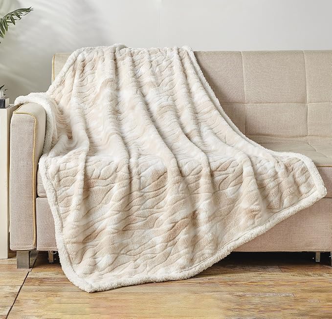 Elegant Comfort Throw Blanket, Reversible Sherpa Flannel, Ultra-Soft, Fuzzy, Cozy and Plush- All Season Lightweight Decorative Throw, 50 x 60 inches, Alaska Sherpa Throw, Beige