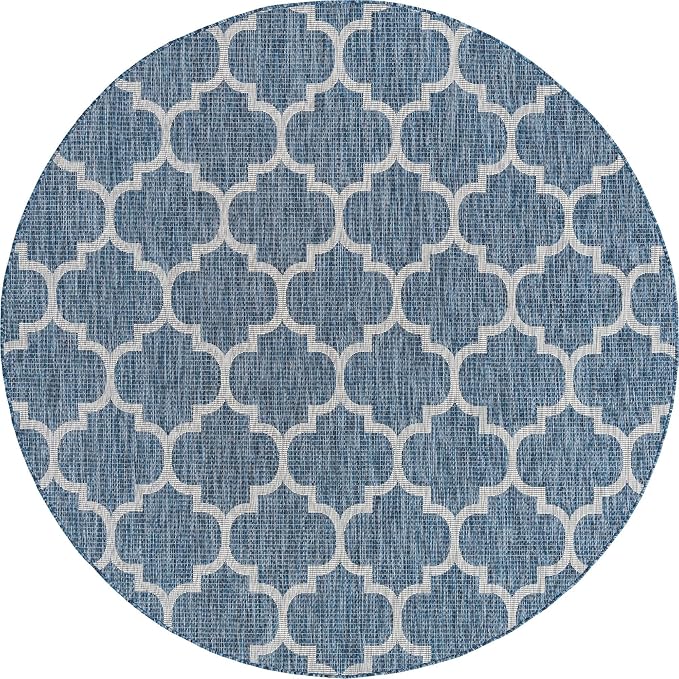 Unique Loom Trellis Collection Area Rug-Lattice Design, Moroccan Inspired for Indoor/Outdoor Décor, 7' 10" x 7' 10" Round, Navy Blue/Gray