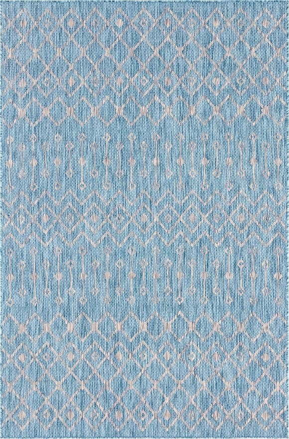 Unique Loom Outdoor Trellis Collection Area Rug - Tribal Trellis (6' 1" x 9' Rectangle, Aqua/ Ivory)