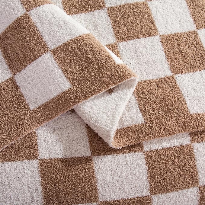 Elegant Comfort Checkered Throw Blanket, Taupe Super Soft Cozy Fluffy Warm Throw Blankets for Couch, Sofa, Chair, Bed, Camping, Picnic, Travel Lightweight Bed Blanket (50" x 70")