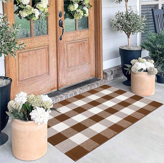 Coffee and White Outdoor Rug 27.5''x 43.3''Buffalo Plaid Layered Doormat Woven Machine Washable Farmhouse Door Mats Outdoor for Hello/Welcome Mat,Entryway,Bedroom,Patio