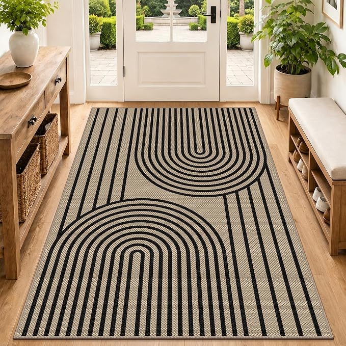 Faux Jute Area Rug, 4' x 6' Washable Rug, Black Farmhouse Ultra-Thin Non-Slip Carpet for Outdoor, Bedroom, Dining Room, Backyard, Home Decor