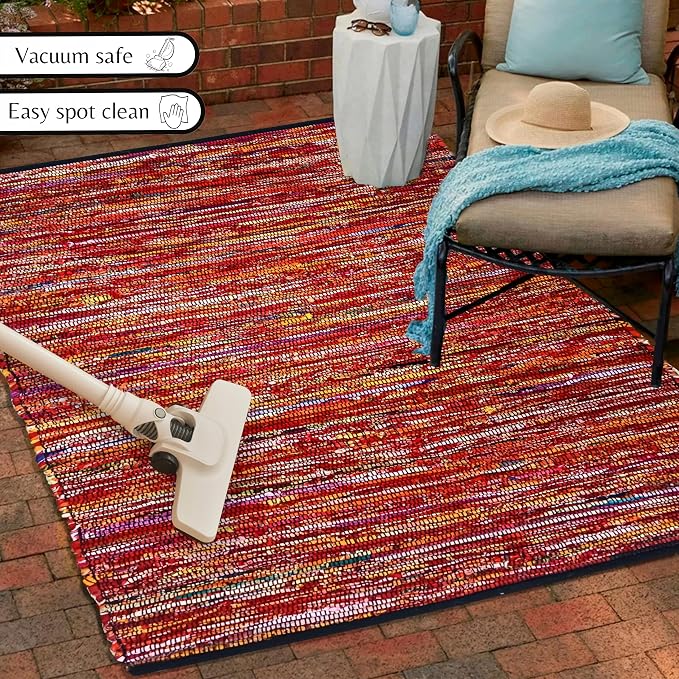 Ramanta Home Cotton Chindi Hand Woven Rug - 3x5 ft Multi Color, Reversible Area Rugs for Living Room, Kitchen, Bedroom, Biodegradable Bohemian Throw Carpet for Hpme & Office Patio - 36x60 Inches