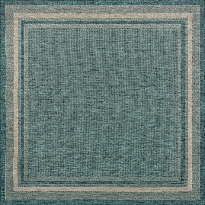 Unique Loom Outdoor Border Collection Area Rug - Soft Border (13' Square, Teal/ Ivory)