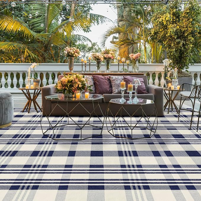 Buffalo Plaid Rug 6x9 Cotton Woven Rug Navy and Off White Checkered Buffalo Check Carpet Home Decor Washable Indoor Outdoor Area Rug for Living Room Bedroom Dining Patio Farmhouse
