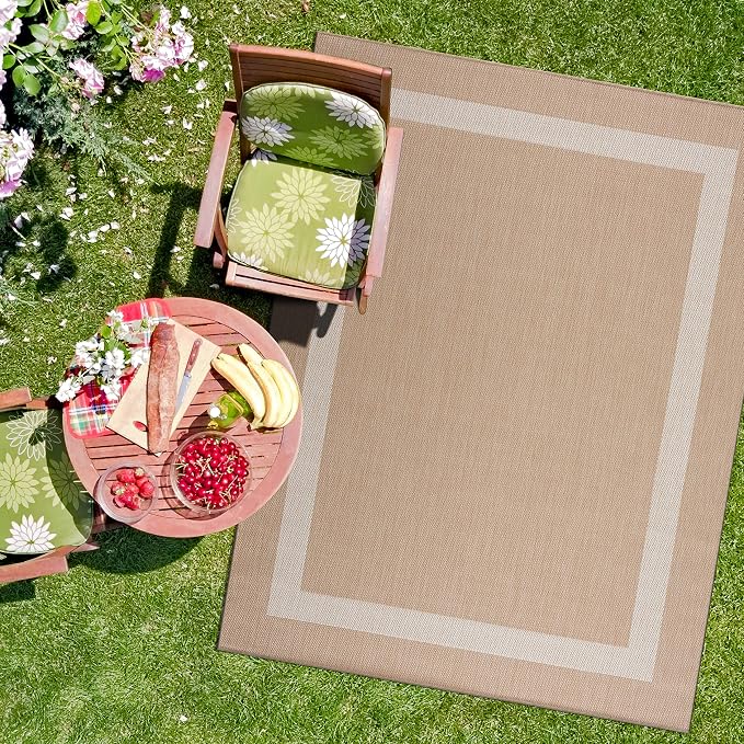 CAMILSON Outdoor Rug 9x12, Large Modern Outside Rugs for Patios Porches Waterproof Durable Washable Non-Shedding, Easy-to-Clean Indoor Outdoor Area Carpet (9 x 12, Bordered - Beige/White)