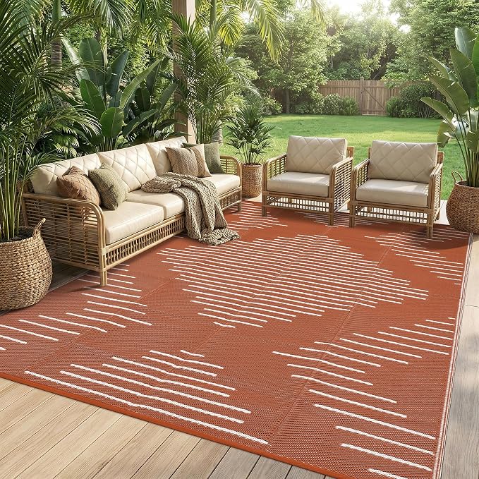Garvee Waterproof Outdoor Area Rug 9x12 Plastic Reversible Rug for Patio Decor Easy-Cleaning Large Floor Mat for Camping RV Porch Deck Backyard Balcony Picnic Terracotta White