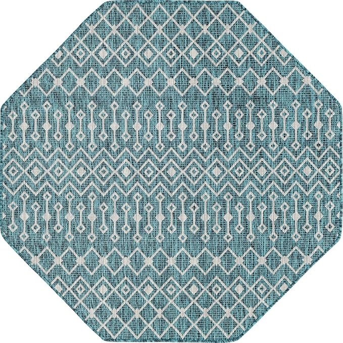 Unique Loom Outdoor Trellis Collection Area Rug - Tribal Trellis (5' 3" Octagon, Teal/ Ivory)
