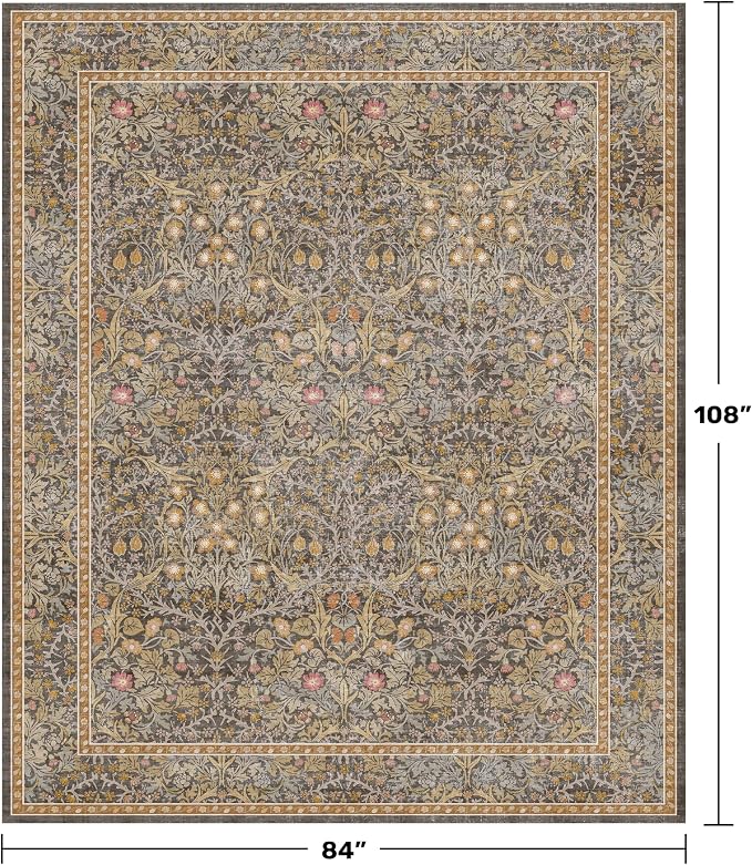 Boho 7x9 Brown Rug for Living Room - Washable Oriental Area Rug for Dining Room Under Kitchen Table, Non-Slip Floor Carpet for Bedroom Under Bed - Vintage Design & Stain Resistance