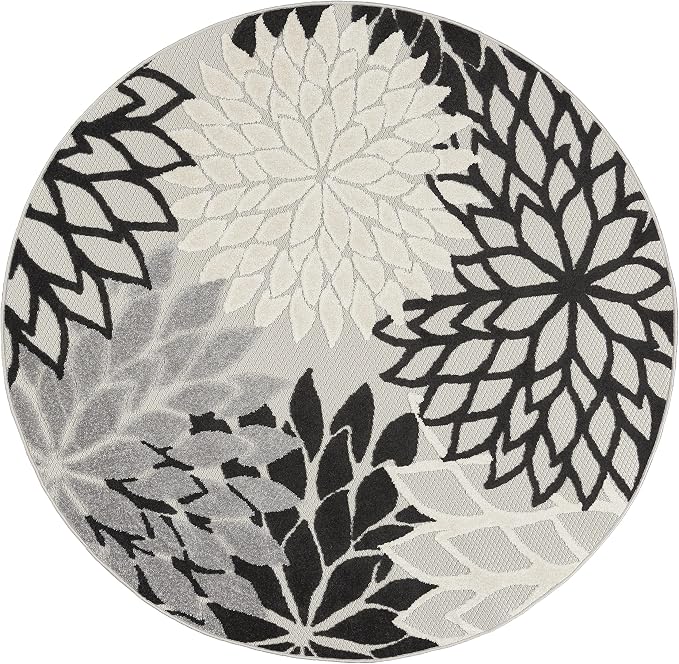 Nourison Home Aloha 48" Round Fabric Indoor/Outdoor Rug in Black/White Finish