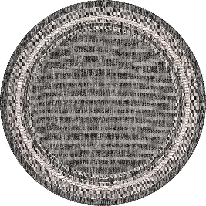 Unique Loom Outdoor Border Collection Area Rug - Soft Border (7' 10" Round, Black/ Ivory)
