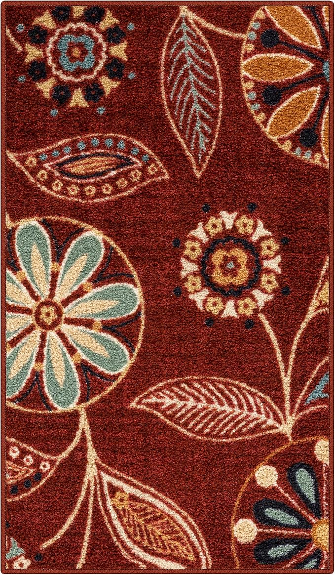 Maples Rugs Reggie Floral Kitchen Rug - Made in USA - Washable, Non Slip Indoor Carpet for Entryway, Foyer, Kitchen, and Bathroom, 1'8 x 2'10, Merlot