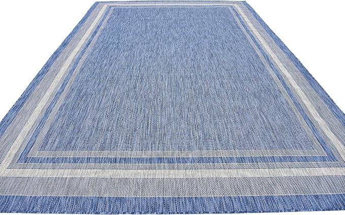 Unique Loom Outdoor Border Collection Area Rug - Soft Border (8' x 11' 4" Rectangle, Blue/ Ivory)