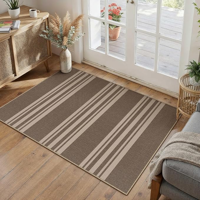 PureCozy Striped Easy Jute Rug 2x3 Brown Entryway Carpet Washable Non Slip Door Mat Farmhouse Neutral Non Shedding Entry Small Indoor Outdoor Rug for Kitchen Bedroom Mudroom Bathroom