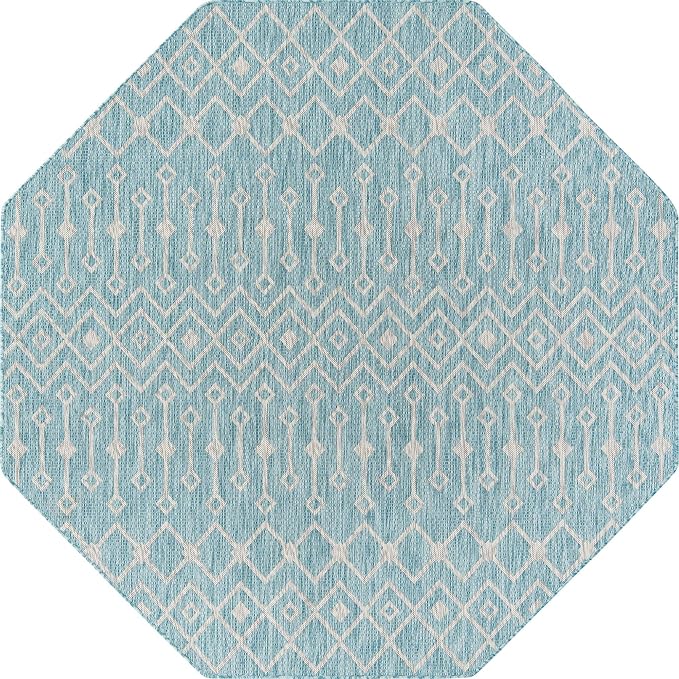 Unique Loom Outdoor Trellis Collection Area Rug - Tribal Trellis (7' 10" Octagon, Aqua/ Ivory)