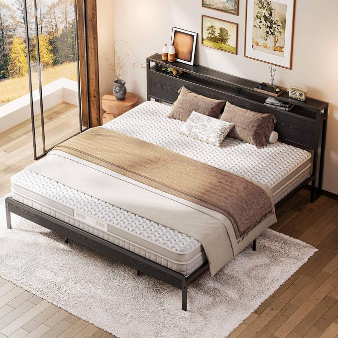 LIKIMIO King Size Bed Frame with 2-Tier Storage Shelf Headboard | Dark Wood Platform Bed, Camas King with Strong Metal Supports, Sturdy, Noise-Free, No Box Spring Needed, Black