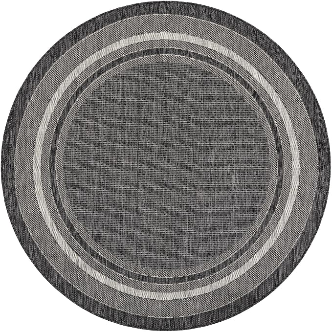 Unique Loom Outdoor Border Collection Area Rug - Soft Border (6' 1" Round Black/Ivory)