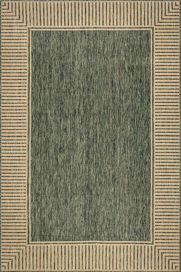 Nuloom Asha Green/Brown, 6'7" x 9', Casual, Striped Border, Soft and Cozy, High Traffic, Easy Clean, Durable Area Rug for Indoor/Outdoor Patio, Deck, Porch, Garden, Courtyard
