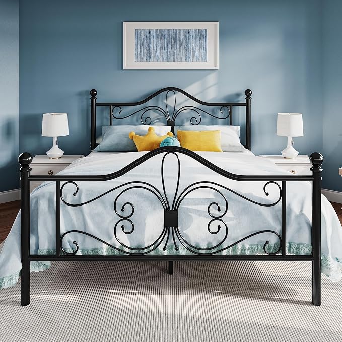 SHA CERLIN Queen Size Metal Bed Frame with Butterfly Headboard, Black | Metal Platform Bed for Kids, Wrought Iron-Art Headboard/Footboard, Under-Bed Storage, No Box Spring Needed, Easy Assembly