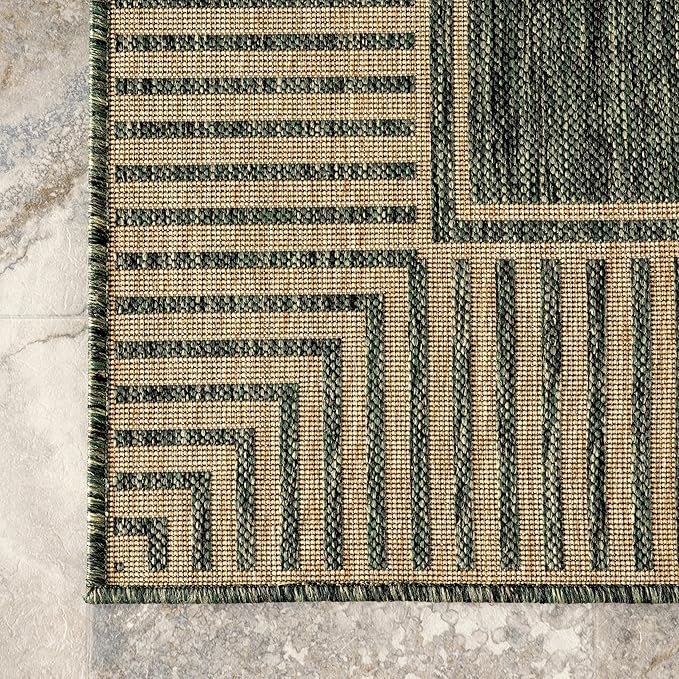 Nuloom Asha Green/Brown, 9'6" x 12', Casual, Striped Border, Soft and Cozy, High Traffic, Easy Clean, Durable Area Rug for Indoor/Outdoor Patio, Deck, Porch, Garden, Courtyard