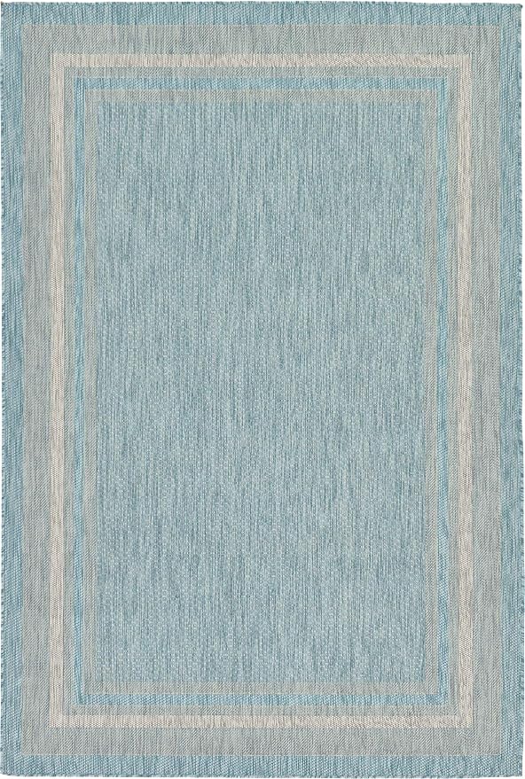 Unique Loom Outdoor Border Collection Area Rug - Soft Border (6' 1" x 9' Rectangle, Aquamarine/ Ivory)