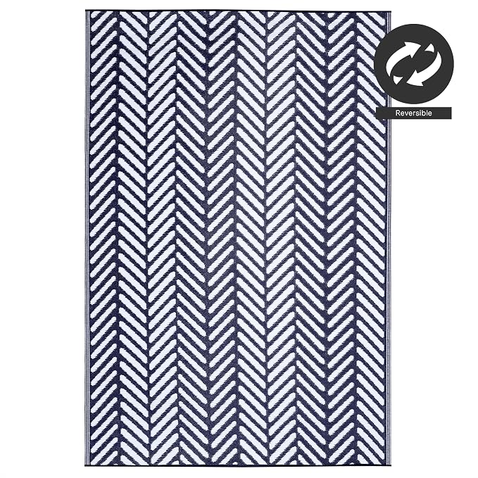 FH Home Outdoor Rug - Waterproof, Fade Resistant, Reversible - Premium Recycled Plastic - Herringbone - Patio, Deck, Porch, Balcony, Laundry Room - Fresno - Navy Crease Free - 4 x 6 ft