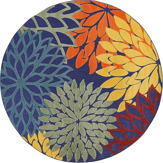 Nourison Home Aloha Navy Multicolor 5'3" x Round Area Rug - Easy Clean, Non Shedding, Bed Room, Living Room, Dining Room, Kitchen (5' x Round)