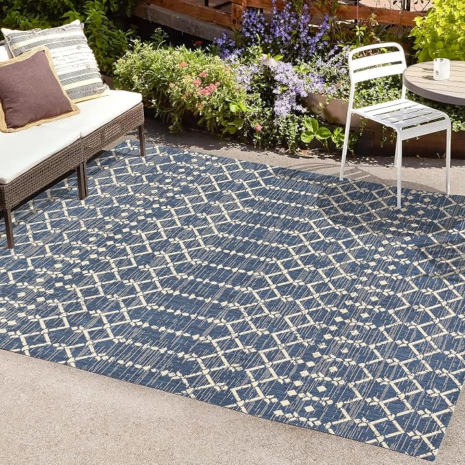 JONATHAN Y Moroccan Geometric Indoor Outdoor Area Rug 8X10 Navy/Beige, Ourika Textured Weave for Backyard, Patio, Porch, Easy-Cleaning, High Traffic, Pet-Friendly, Non-Shedding (SMB108K-8)