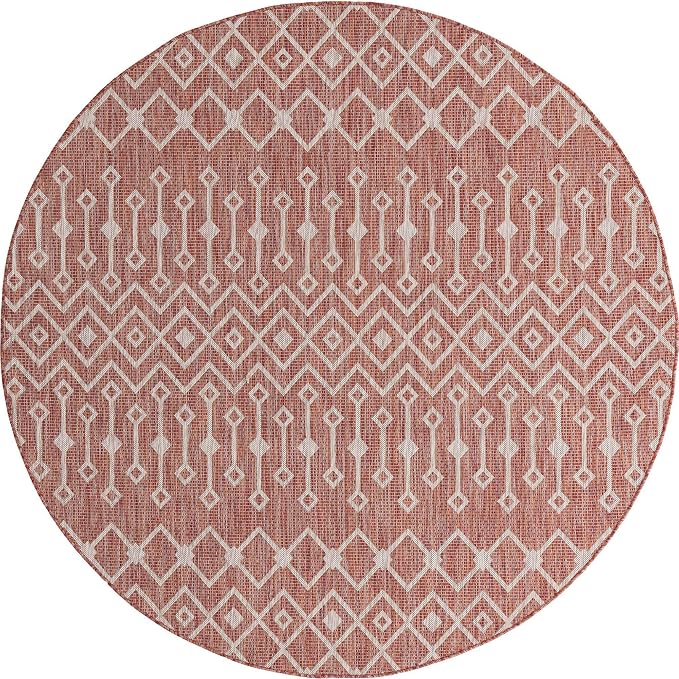 Unique Loom Outdoor Trellis Collection Area Rug - Tribal Trellis (7' 10" Round, Rust Red/ Ivory)