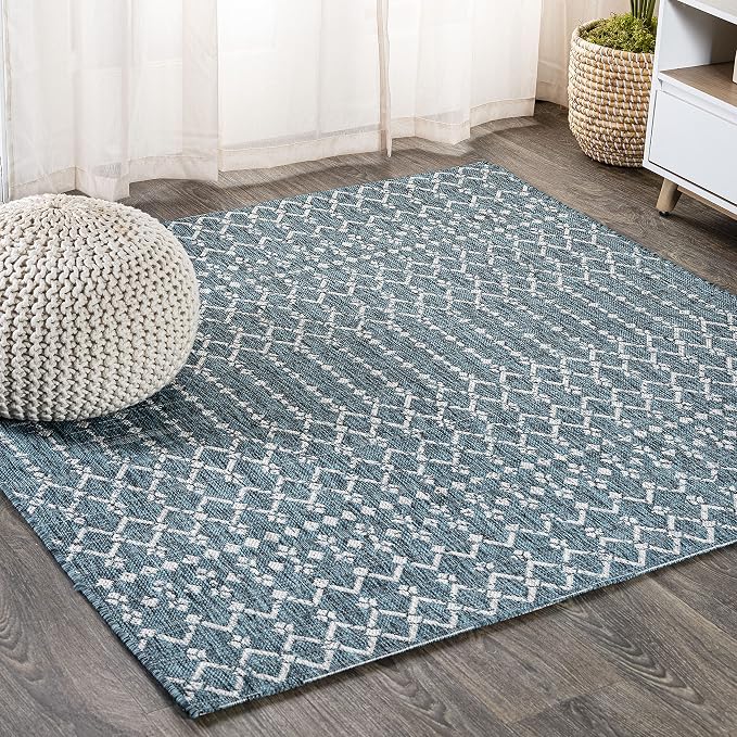 JONATHAN Y Moroccan Geometric Indoor Outdoor Square Area Rug 5X5 Teal/Gray, Ourika Textured Weave for Backyard, Patio, Porch, Easy-Cleaning, High Traffic, Pet-Friendly, Non-Shedding (SMB108C-5SQ)