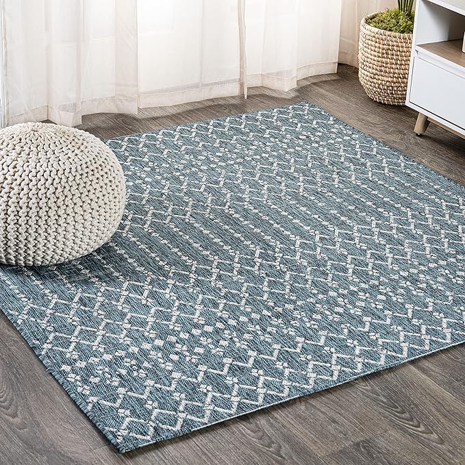 JONATHAN Y Moroccan Geometric Indoor Outdoor Square Area Rug 9X9 Teal/Gray, Ourika Textured Weave for Backyard, Patio, Porch, Easy-Cleaning, High Traffic, Pet-Friendly, Non-Shedding (SMB108C-9SQ)