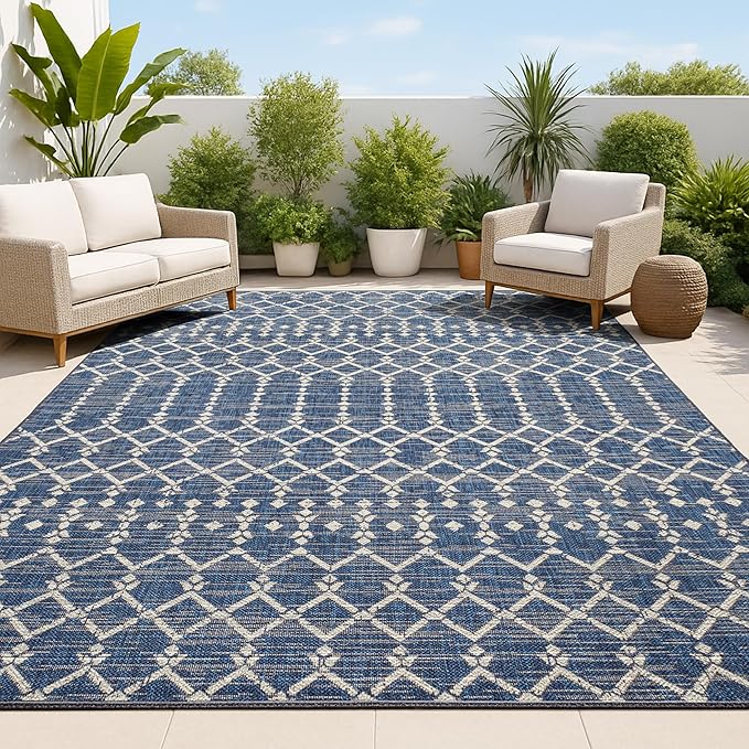 JONATHAN Y Moroccan Geometric Indoor Outdoor Area Rug 6X9 Navy/Beige, Ourika Textured Weave for Backyard, Patio, Porch, Easy-Cleaning, High Traffic, Pet-Friendly, Non-Shedding (SMB108K-6)