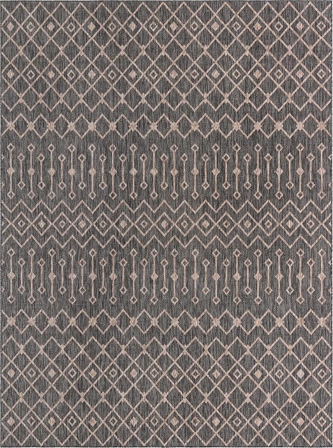 Unique Loom Outdoor Trellis Collection Area Rug - Tribal Trellis (10' x 13' 1" Rectangle, Charcoal Gray/ Natural)