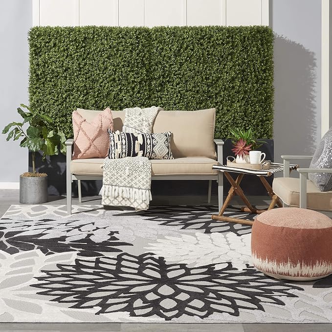 Nourison Home Aloha Indoor/Outdoor Black White 7'10" x 10'6" Area Rug, Tropical, Botanical, Easy Cleaning, Non Shedding, Bed Room, Living Room, Dining Room, Deck, Backyard, Patio (8x10)