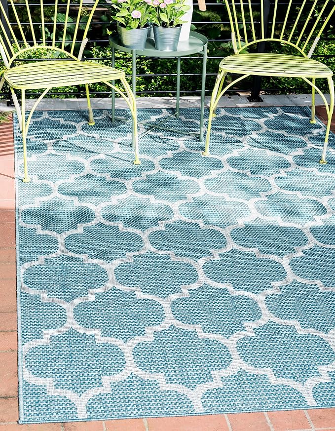 Unique Loom Outdoor Trellis Collection Area Rug (7' 1" x 10' Rectangle, Aquamarine/ Gray)