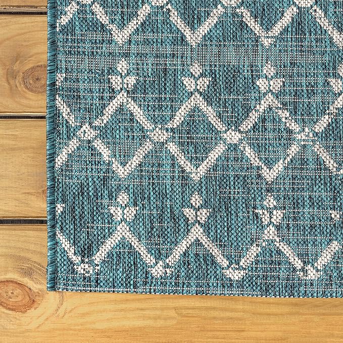 JONATHAN Y Moroccan Geometric Indoor Outdoor Round Area Rug 4 Ft Teal/Gray, Ourika Textured Weave for Backyard, Patio, Porch, Easy-Cleaning, High Traffic, Pet-Friendly, Non-Shedding (SMB108C-4R)