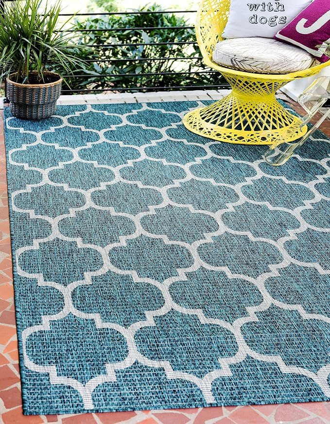 Unique Loom Outdoor Trellis Collection Area Rug (6' 1" x 9' Rectangle, Teal/ Gray)