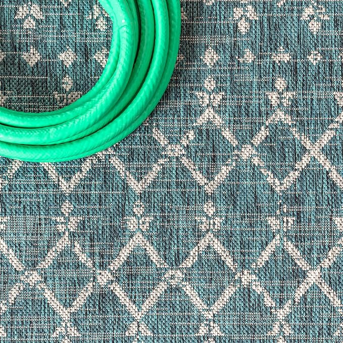 JONATHAN Y Moroccan Geometric Indoor Outdoor Square Area Rug 5X5 Teal/Gray, Ourika Textured Weave for Backyard, Patio, Porch, Easy-Cleaning, High Traffic, Pet-Friendly, Non-Shedding (SMB108C-5SQ)