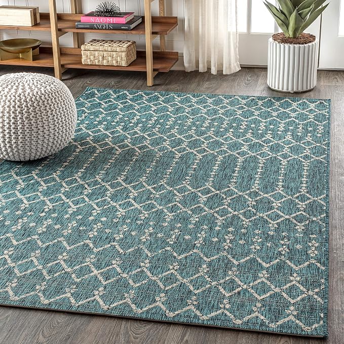 JONATHAN Y Moroccan Geometric Indoor Outdoor Area Rug 8X10 Teal/Gray, Ourika Textured Weave for Backyard, Patio, Porch, Easy-Cleaning, High Traffic, Pet-Friendly, Non-Shedding (SMB108C-8)