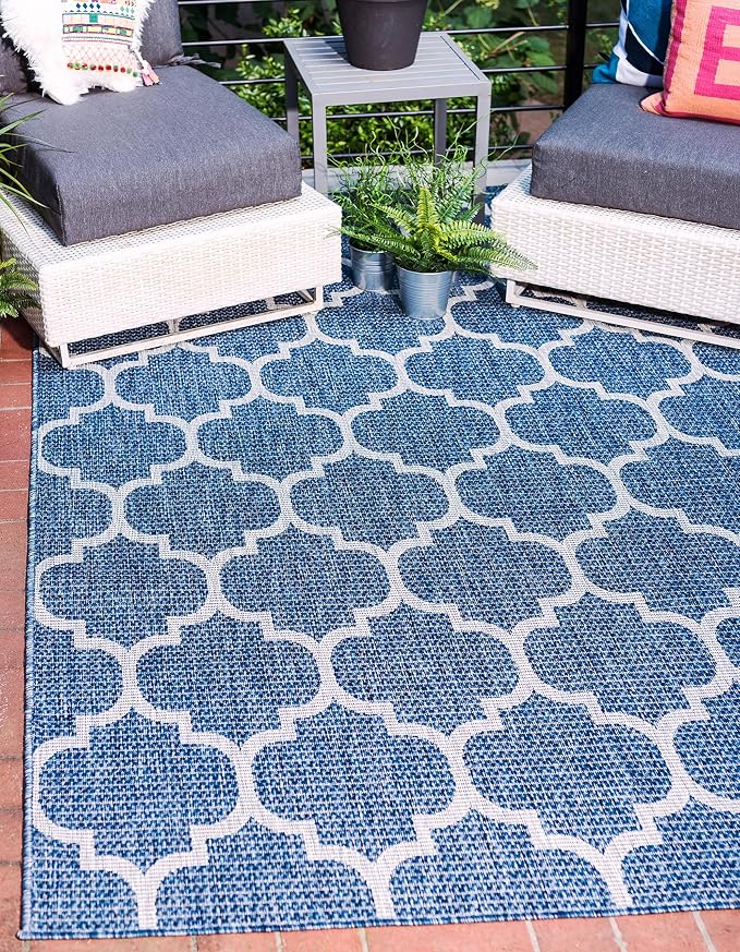 Unique Loom Outdoor Trellis Collection Area Rug (4' 1" x 6' 1" Rectangle, Navy Blue/ Ivory)